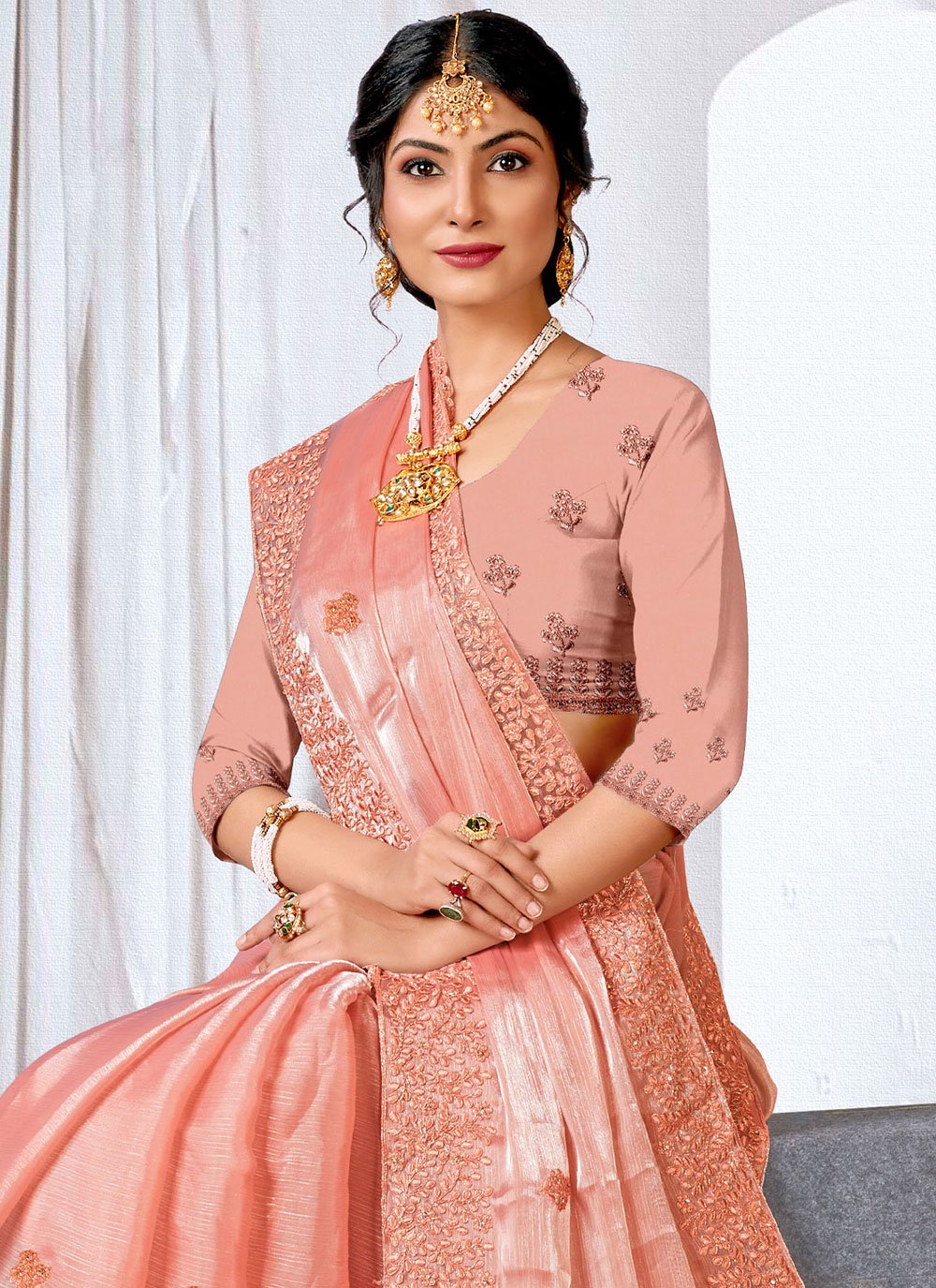 Classic Organza Peach Embroidered Saree