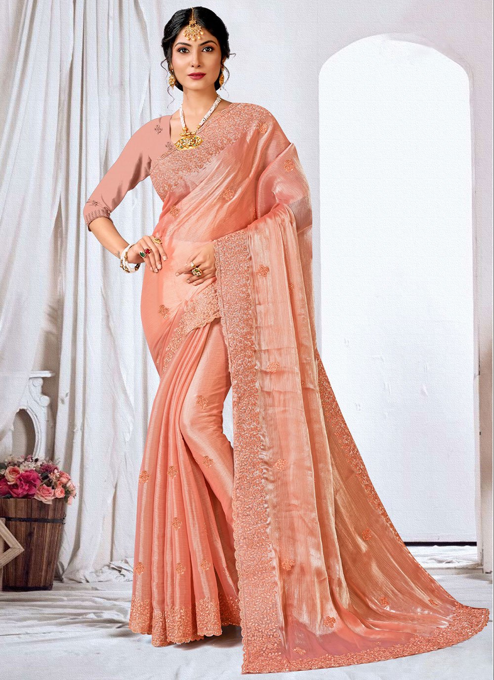 Classic Organza Peach Embroidered Saree