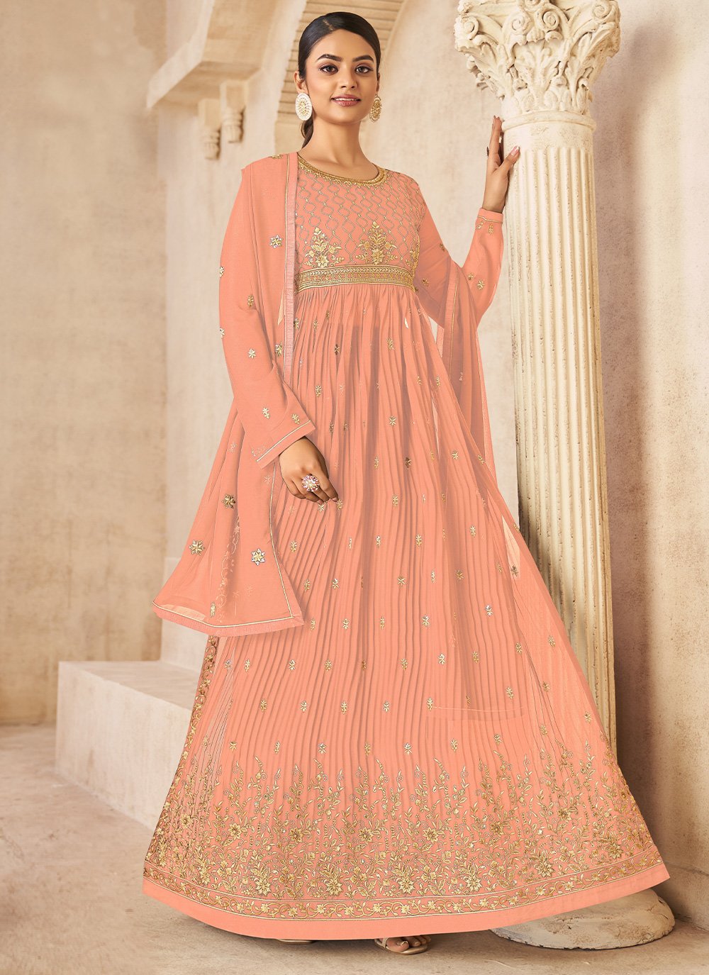 Salwar Suit Faux Georgette Peach Embroidered Salwar Kameez