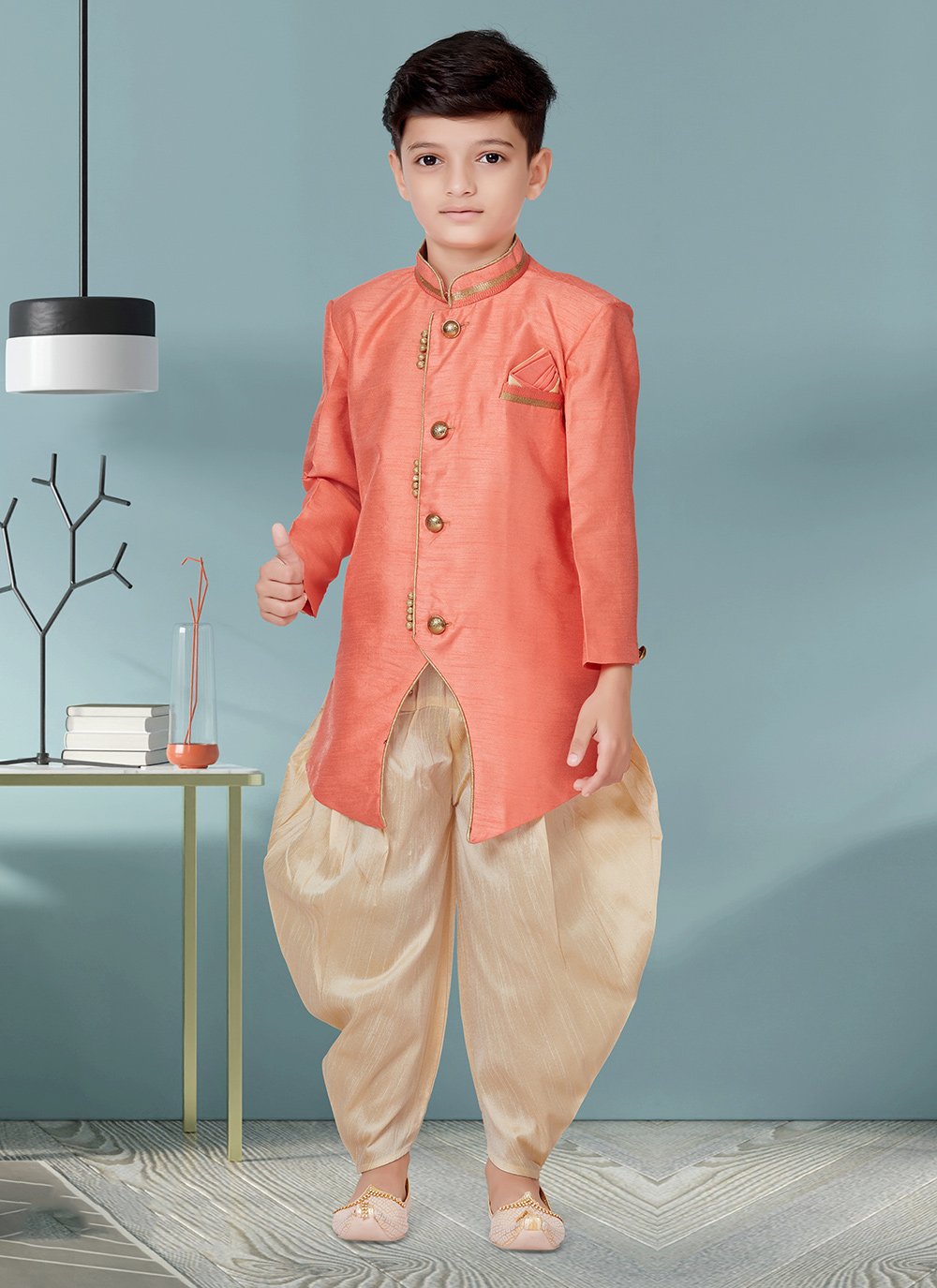 Indo Western Sherwani Banarasi Silk Peach Thread Kids