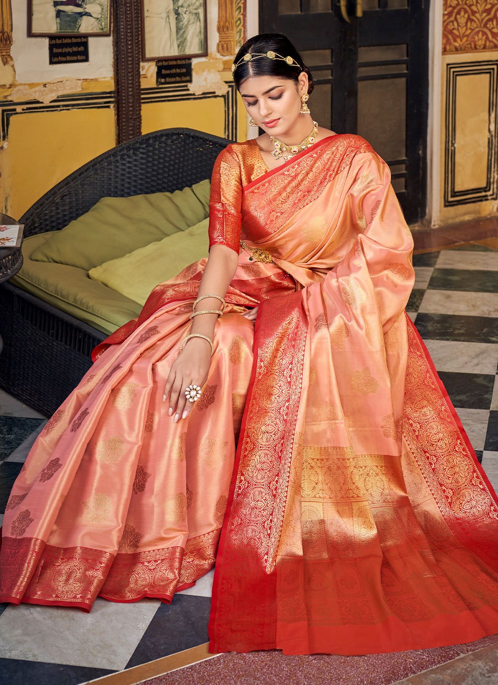 Classic Banarasi Silk Handloom Silk Tissue Peach Weaving Saree