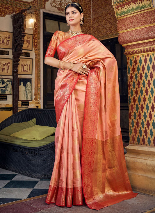 Classic Banarasi Silk Handloom Silk Tissue Peach Weaving Saree