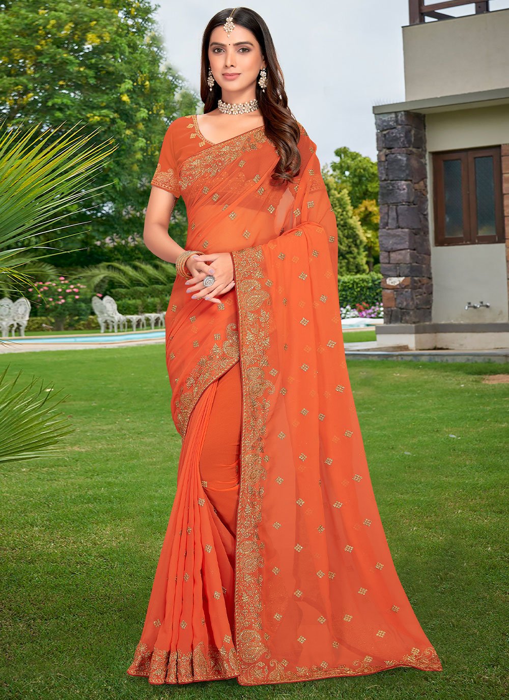 Traditional Saree Georgette Peach Embroidered Saree