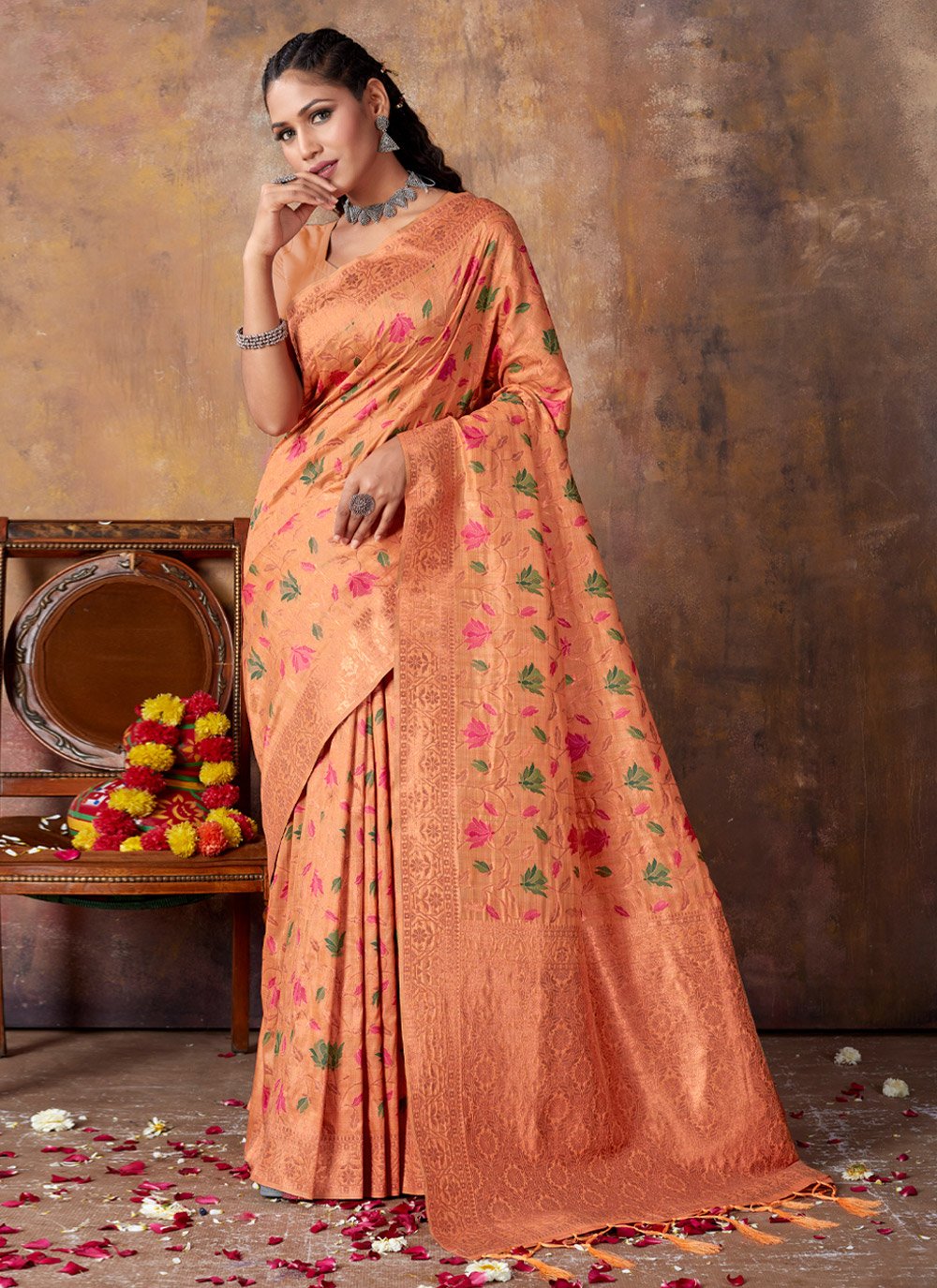 Traditional Saree Banarasi Silk Peach Fancy Work Saree