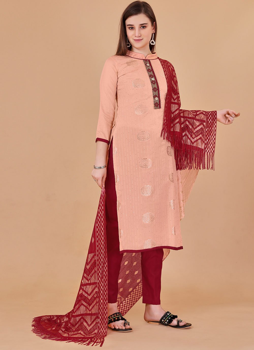 Trendy Suit Banarasi Silk Peach Booti Salwar Kameez