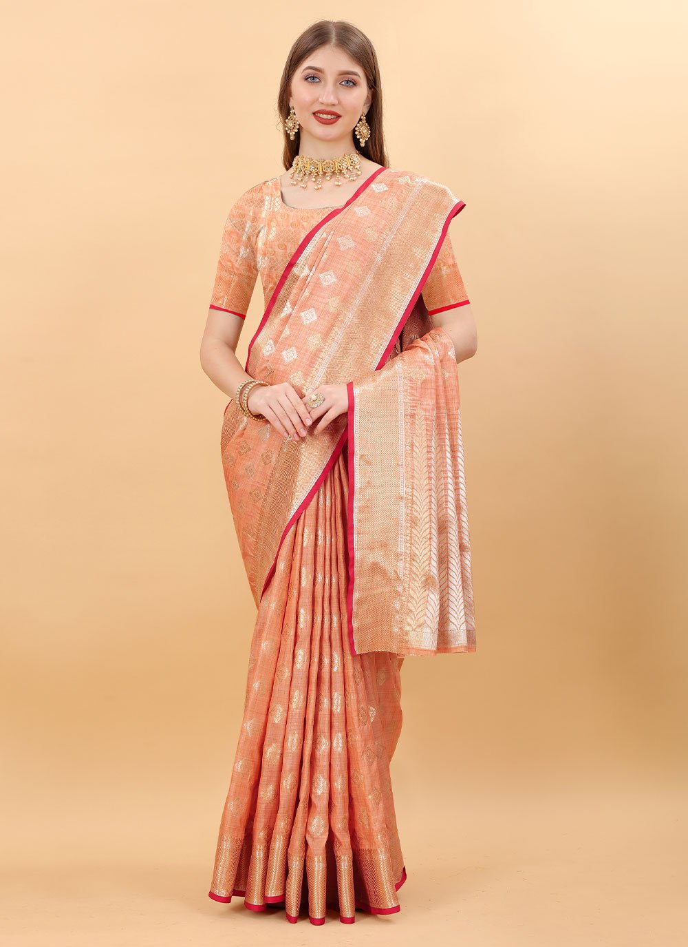 Trendy Saree Silk Peach Weaving Saree