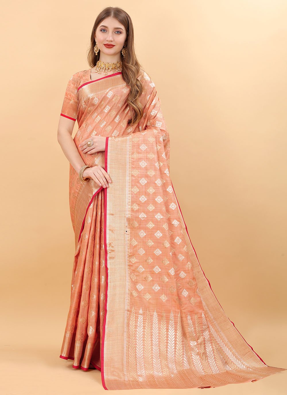 Trendy Saree Silk Peach Weaving Saree