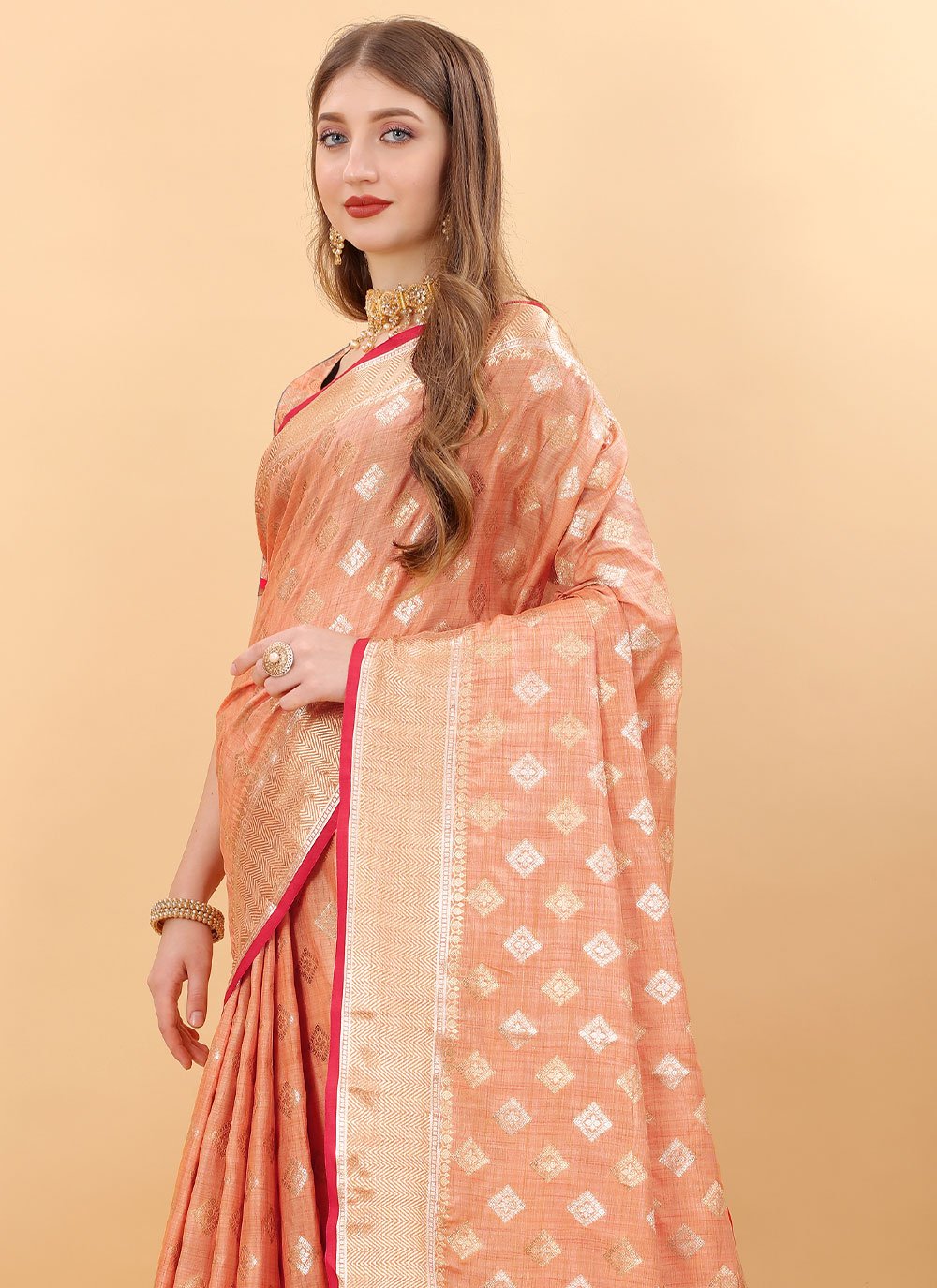 Trendy Saree Silk Peach Weaving Saree