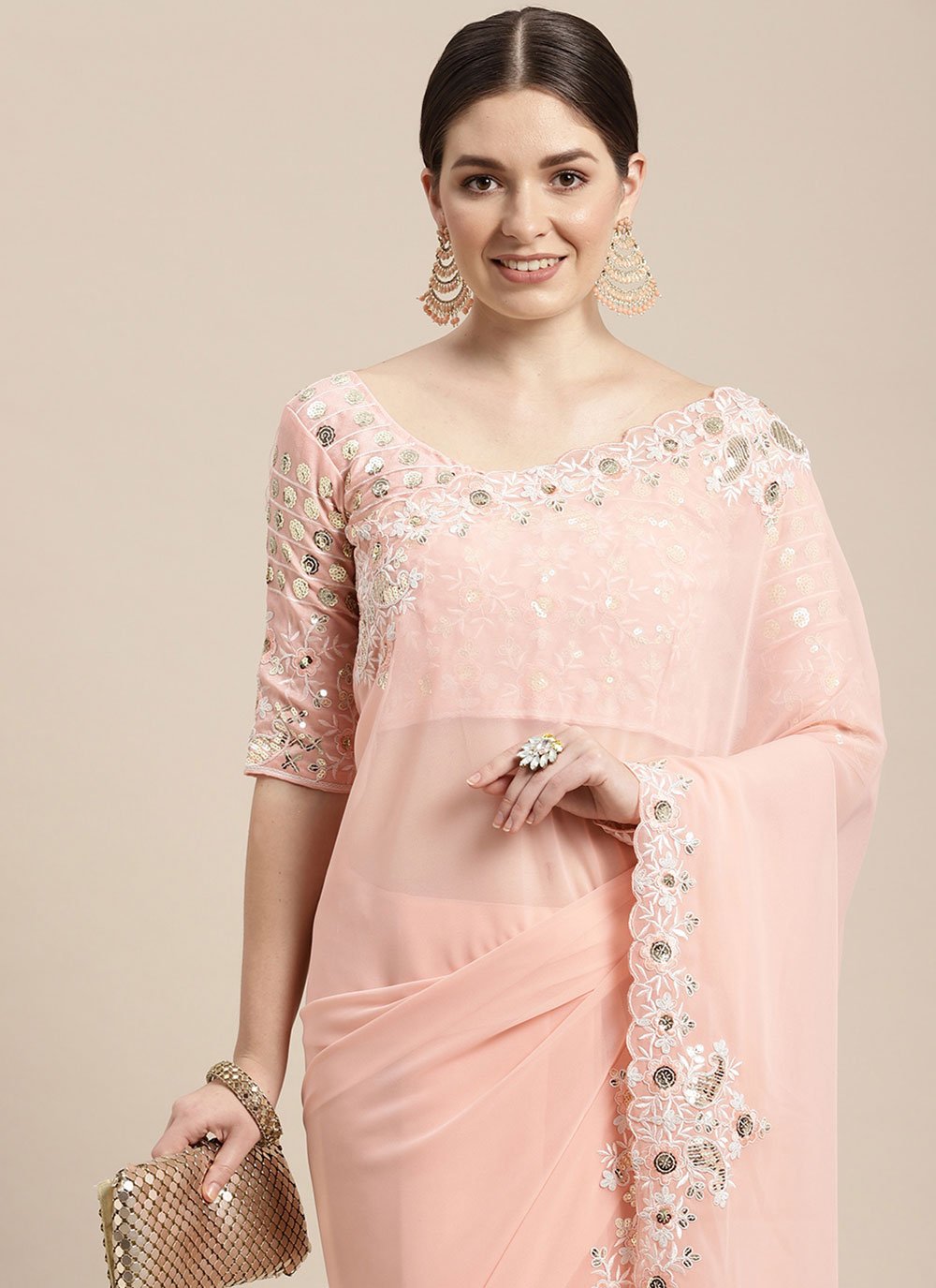 Trendy Saree Georgette Peach Embroidered Saree