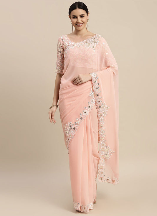 Trendy Saree Georgette Peach Embroidered Saree