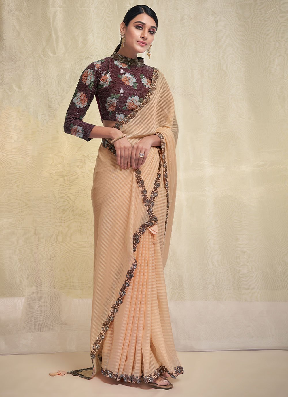 Trendy Saree Georgette Peach Strips Print Saree