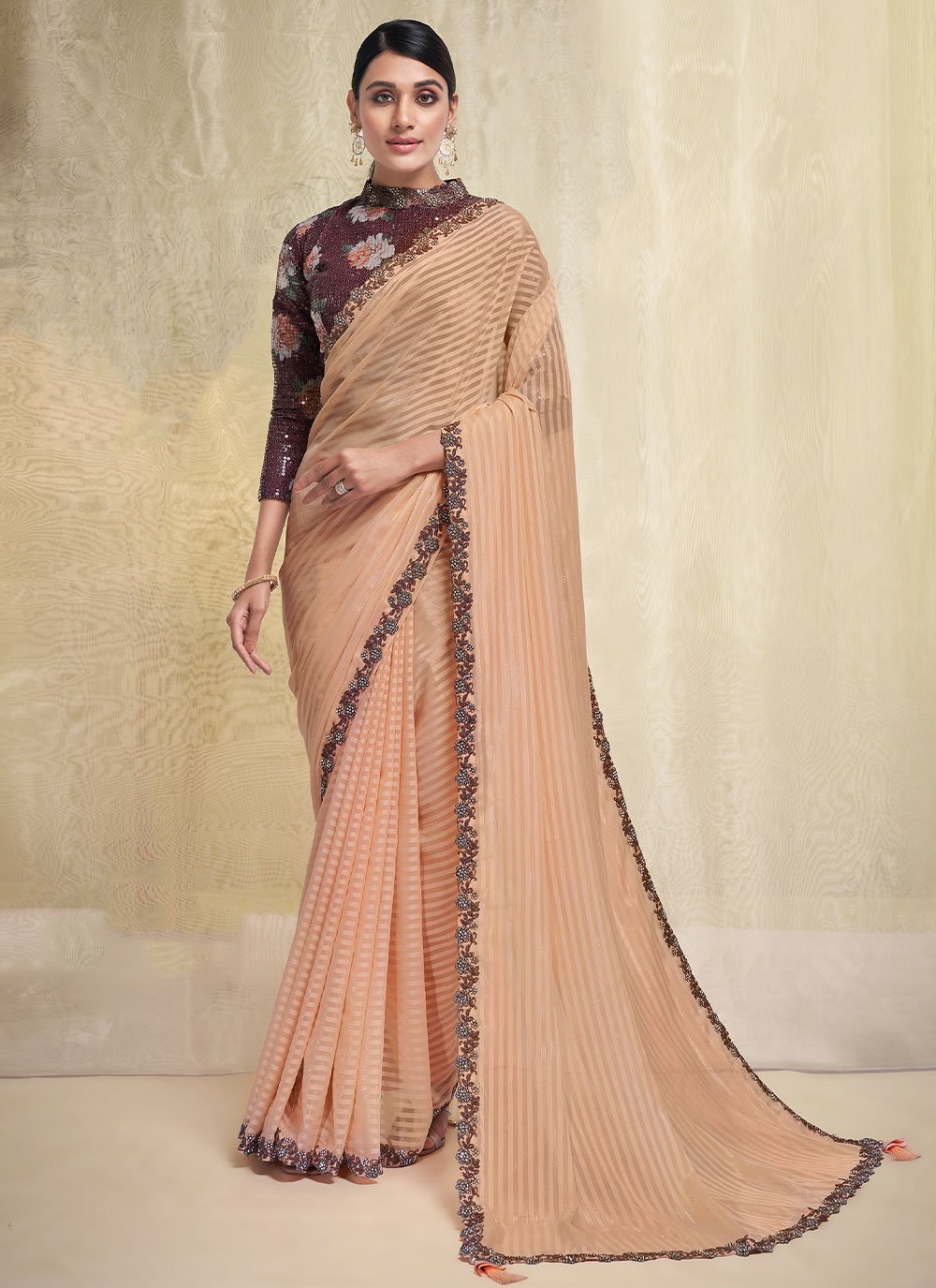 Trendy Saree Georgette Peach Strips Print Saree