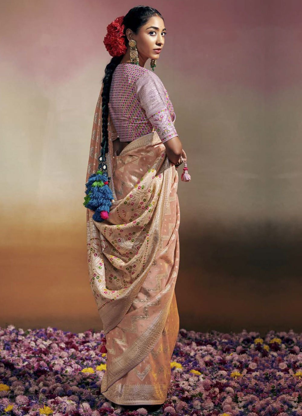 Classic Viscose Peach Embroidered Saree