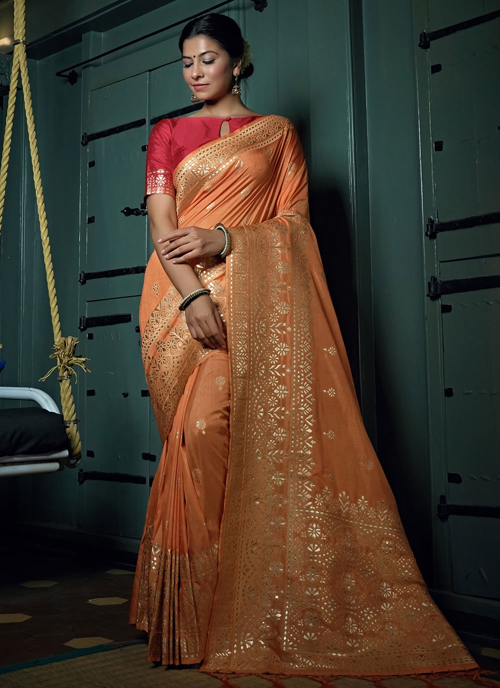 Trendy Saree Banarasi Silk Peach Weaving Saree