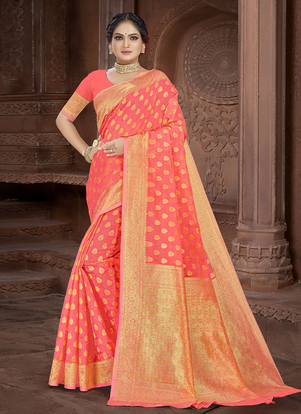 Classic Cotton Peach Weaving Saree