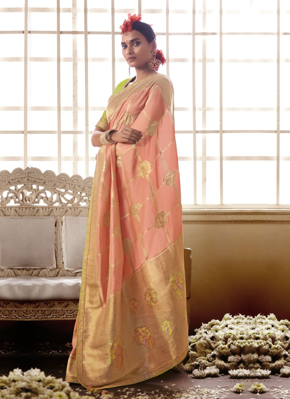 Contemporary Silk Peach Embroidered Saree