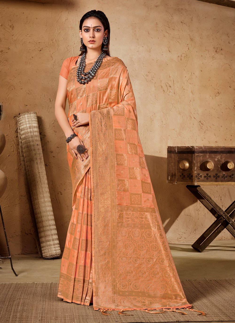 Trendy Saree Silk Peach Weaving Saree