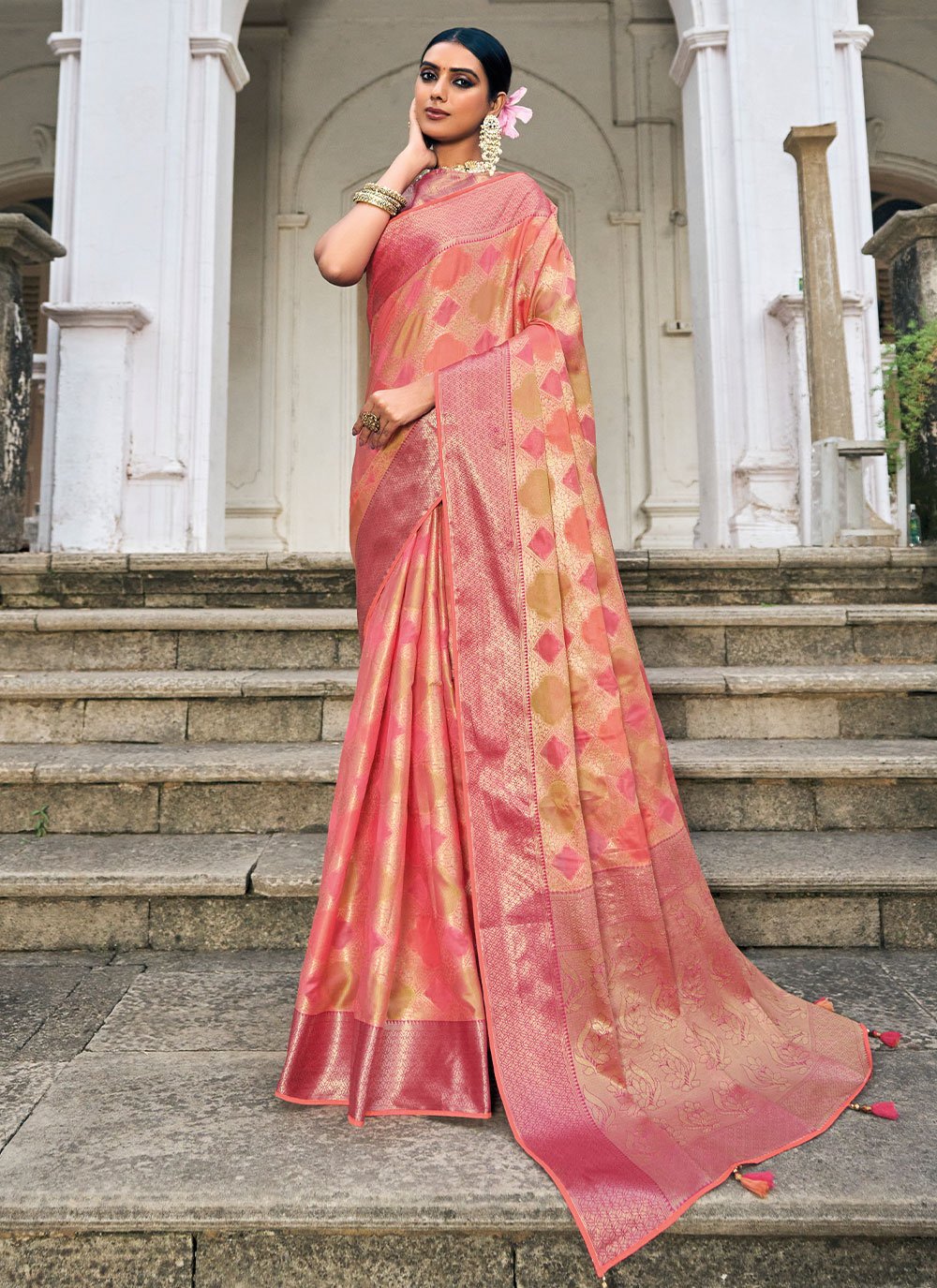 Contemporary Organza Peach Weaving Saree