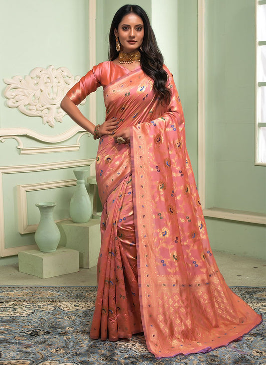 Classic Silk Peach Weaving Saree