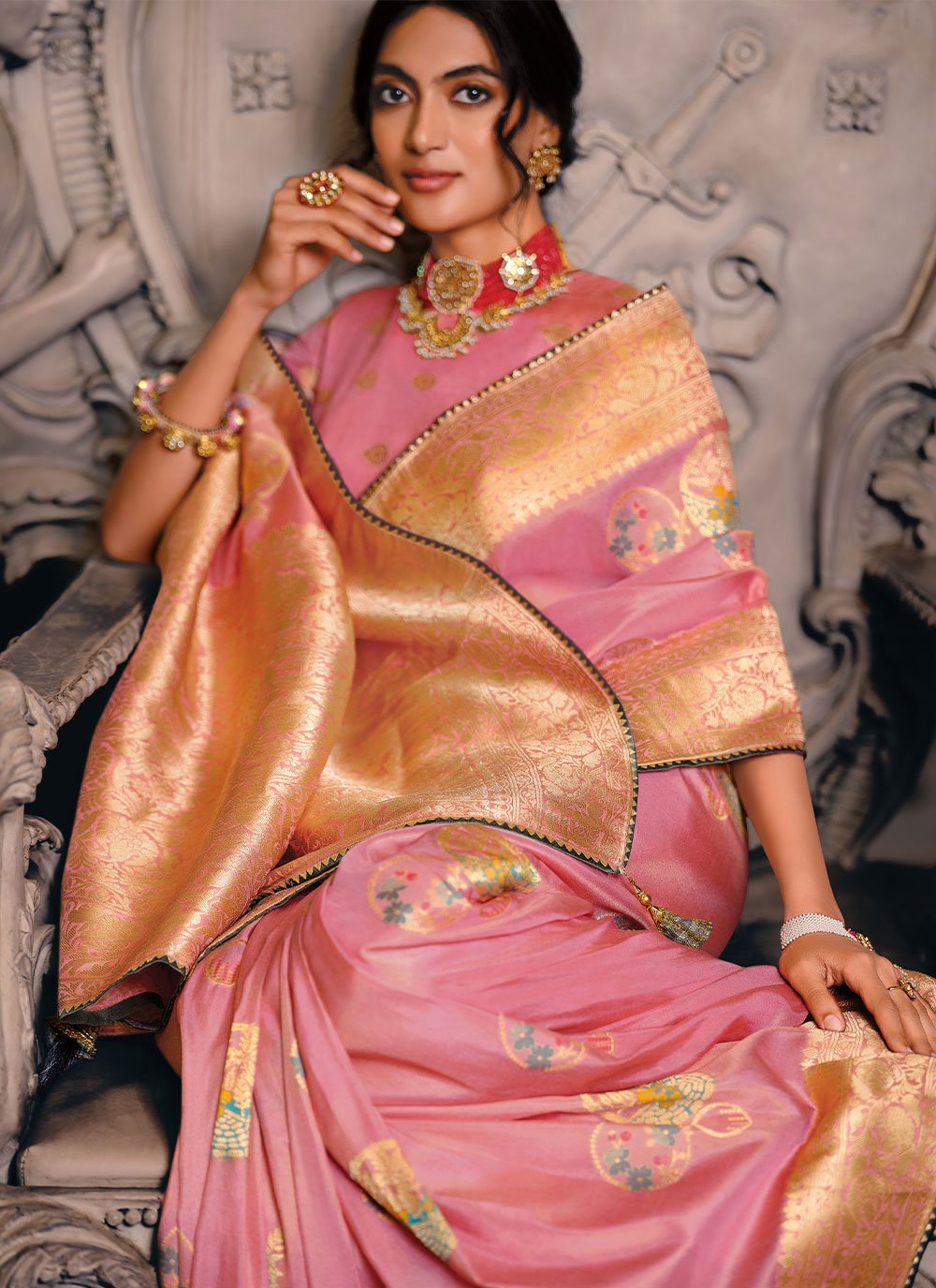 Contemporary Silk Tissue Peach Weaving Saree