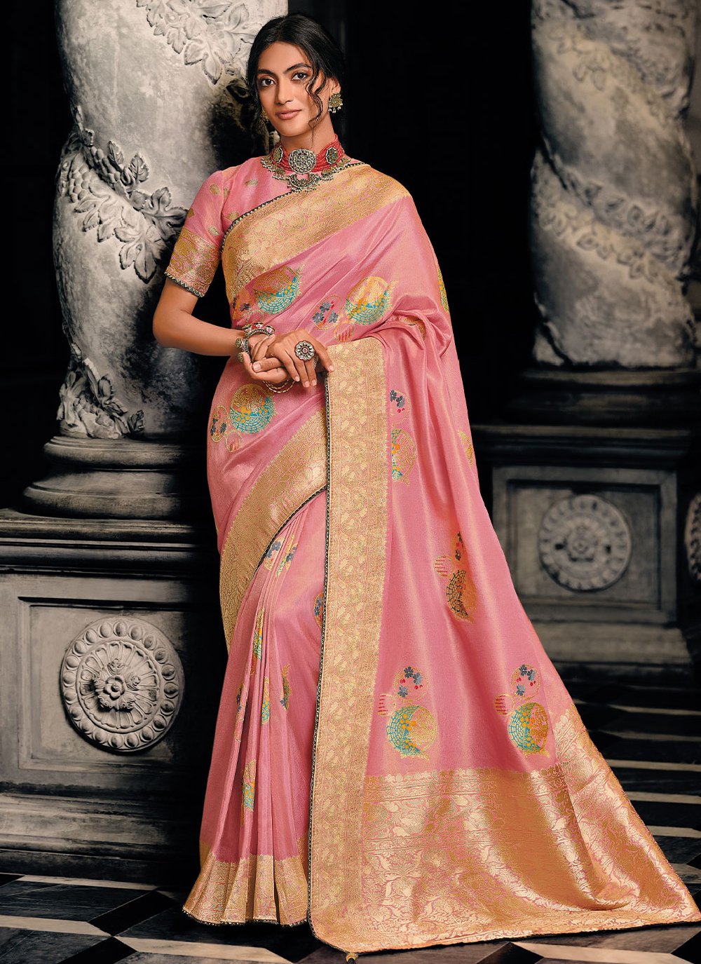 Contemporary Silk Tissue Peach Weaving Saree