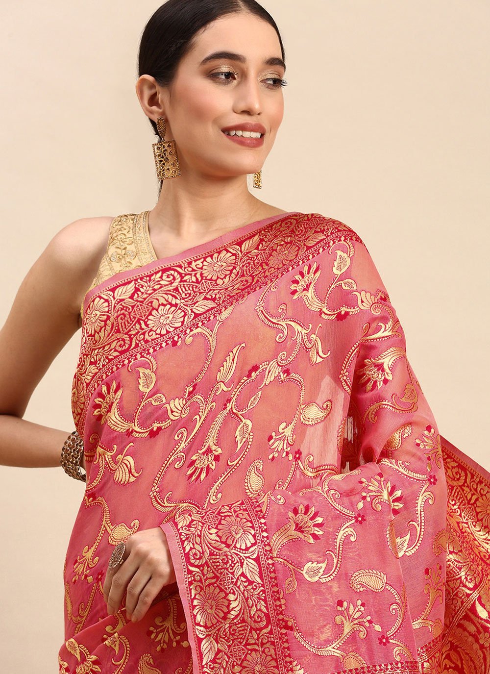 Classic Soft Cotton Peach Weaving Saree