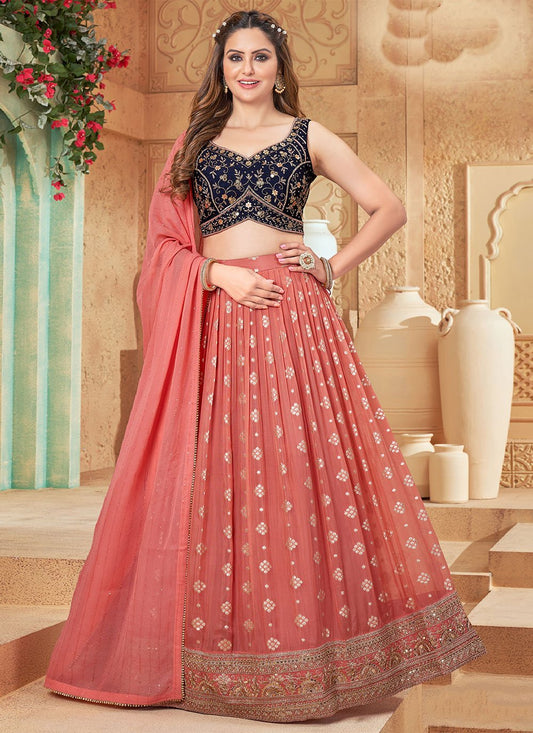 Lehenga Choli Silk Peach Embroidered Lehenga Choli