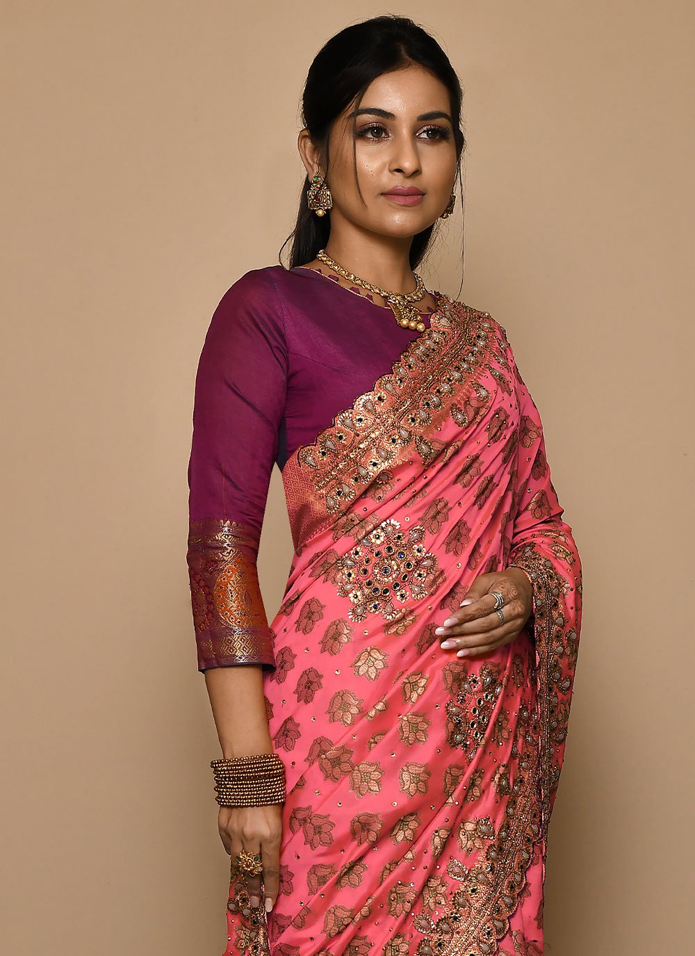 Trendy Saree Kanjivaram Silk Peach Hand Work Saree