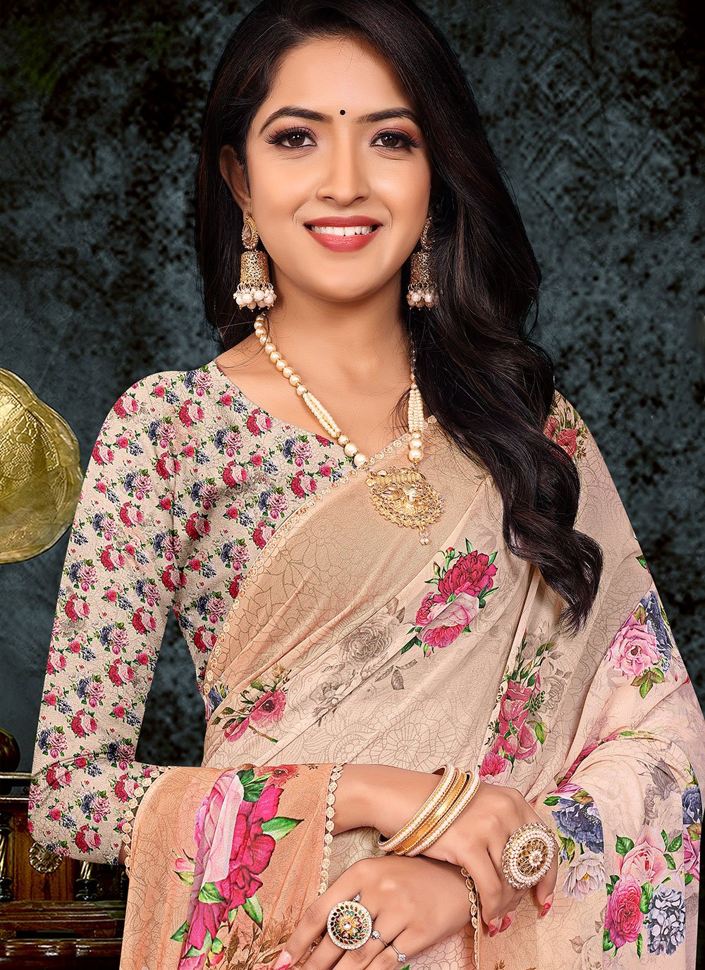 Classic Weight Less Peach Floral Patch Saree