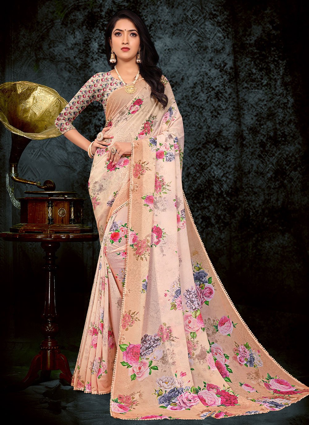 Classic Weight Less Peach Floral Patch Saree