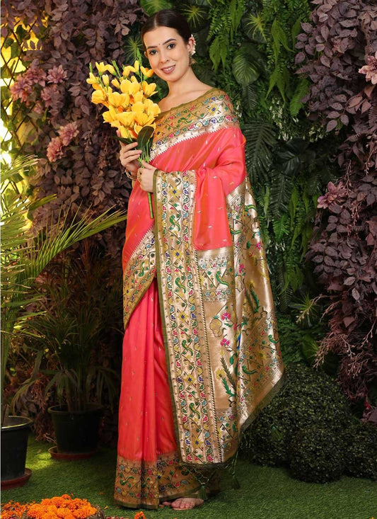 Designer Banarasi Silk Peach Woven Saree