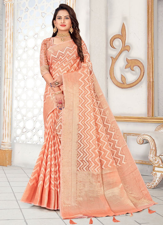 Trendy Saree Fancy Fabric Silk Peach Woven Saree