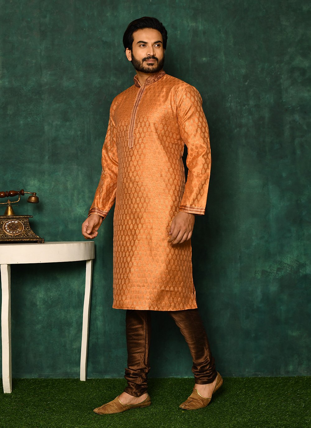 Kurta Pyjama Art Silk Peach Woven Mens