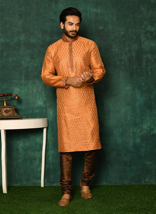 Kurta Pyjama Art Silk Peach Woven Mens