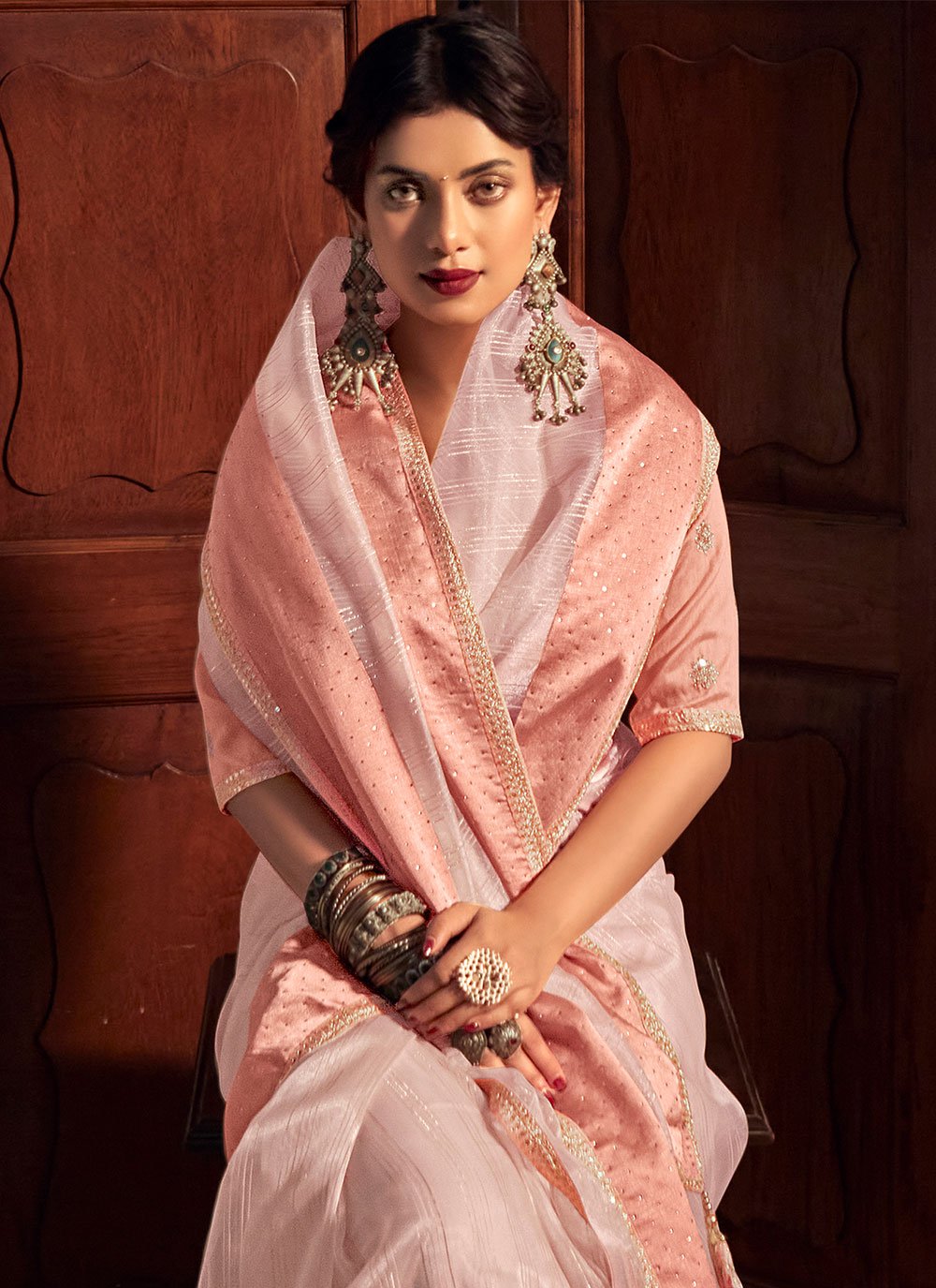 Classic Organza Peach Lace Saree