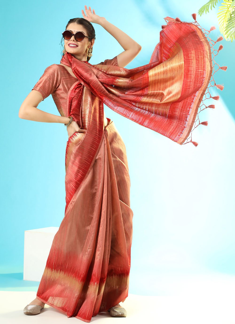 Classic Tussar Silk Peach Woven Saree