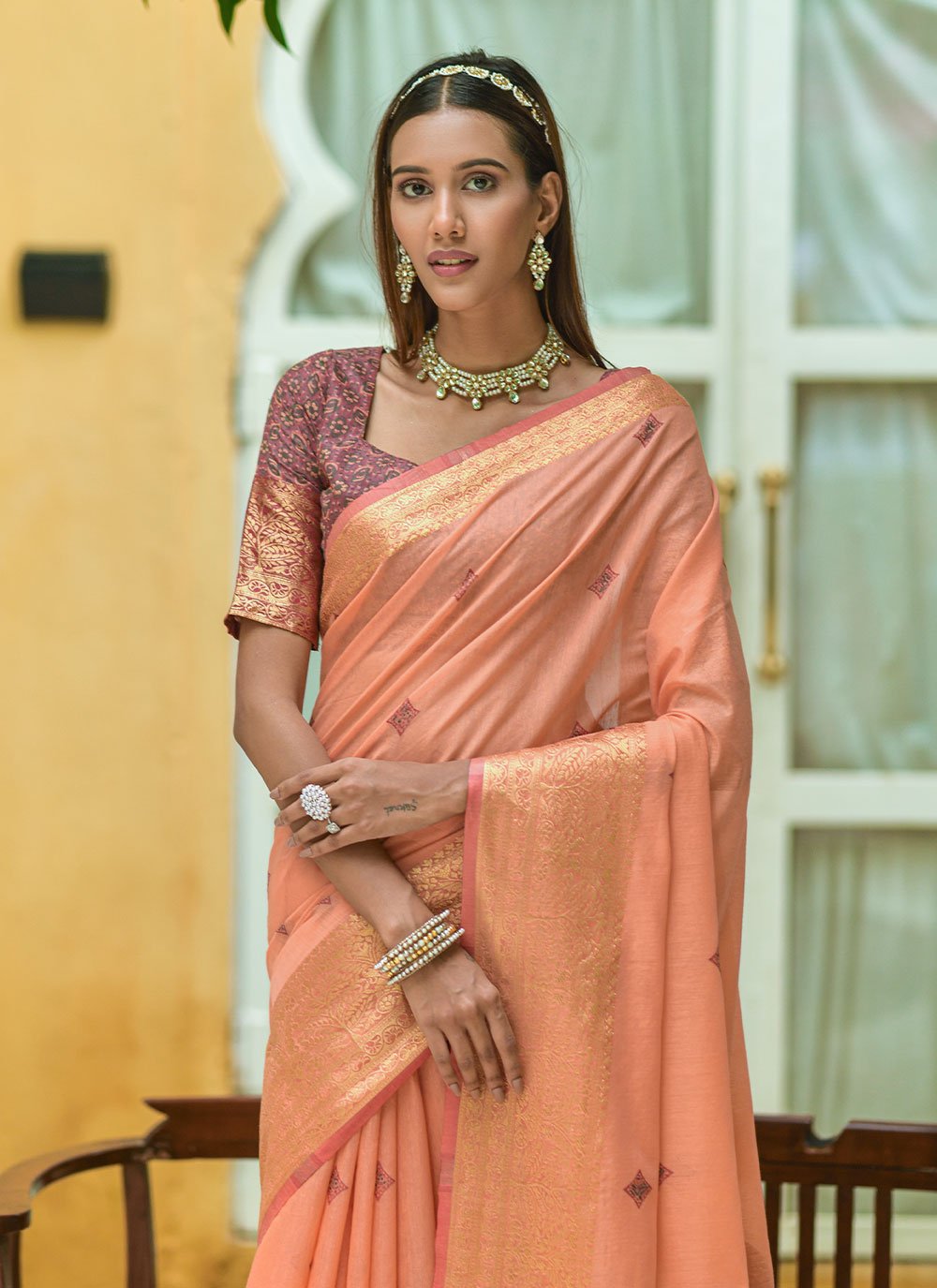 Classic Cotton Peach Woven Saree