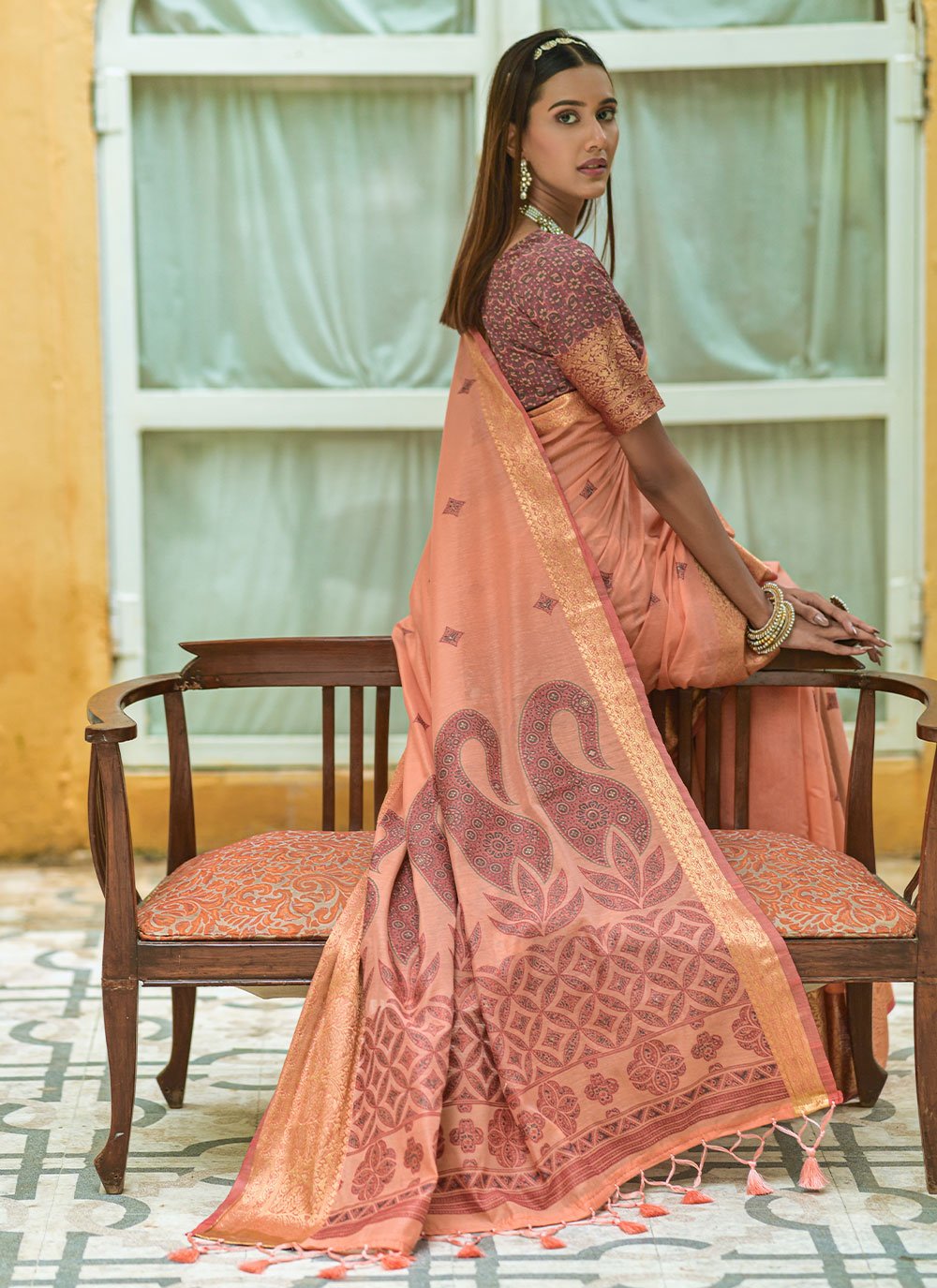 Classic Cotton Peach Woven Saree