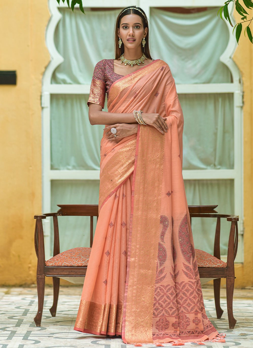 Classic Cotton Peach Woven Saree