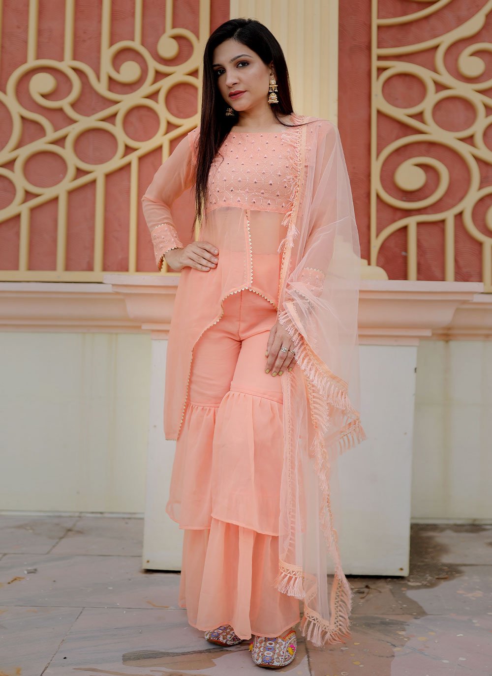 Salwar Suit Faux Georgette Peach Embroidered Salwar Kameez
