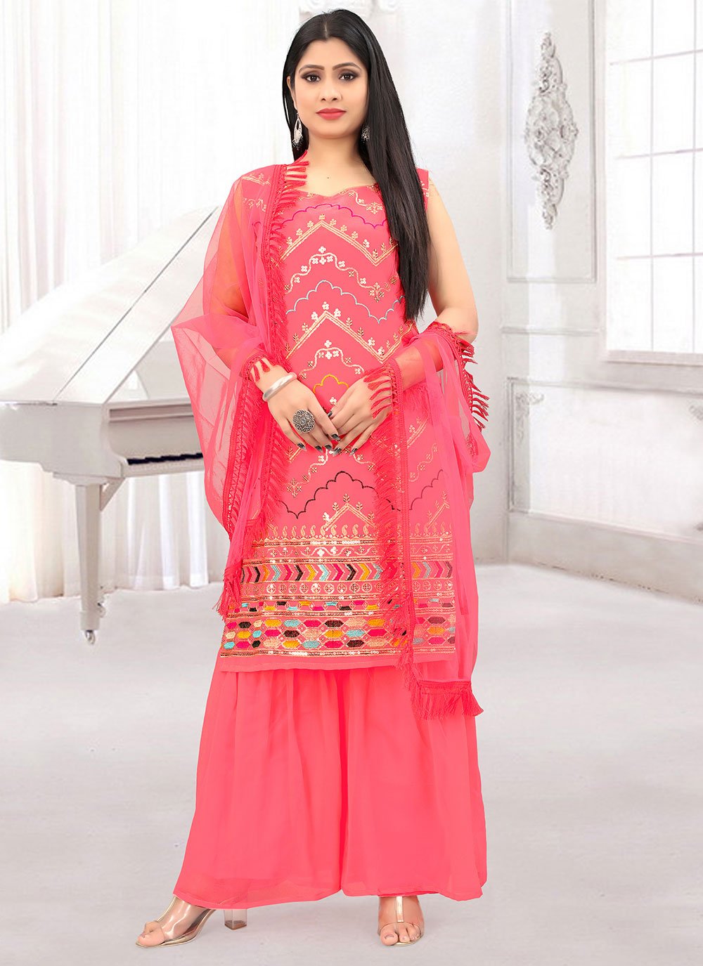 Palazzo Salwar Suit Faux Georgette Peach Embroidered Salwar Kameez