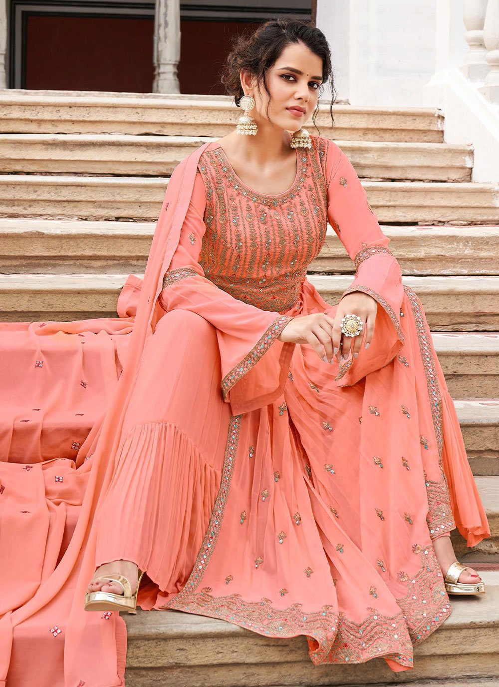 Salwar Suit Georgette Peach Embroidered Salwar Kameez