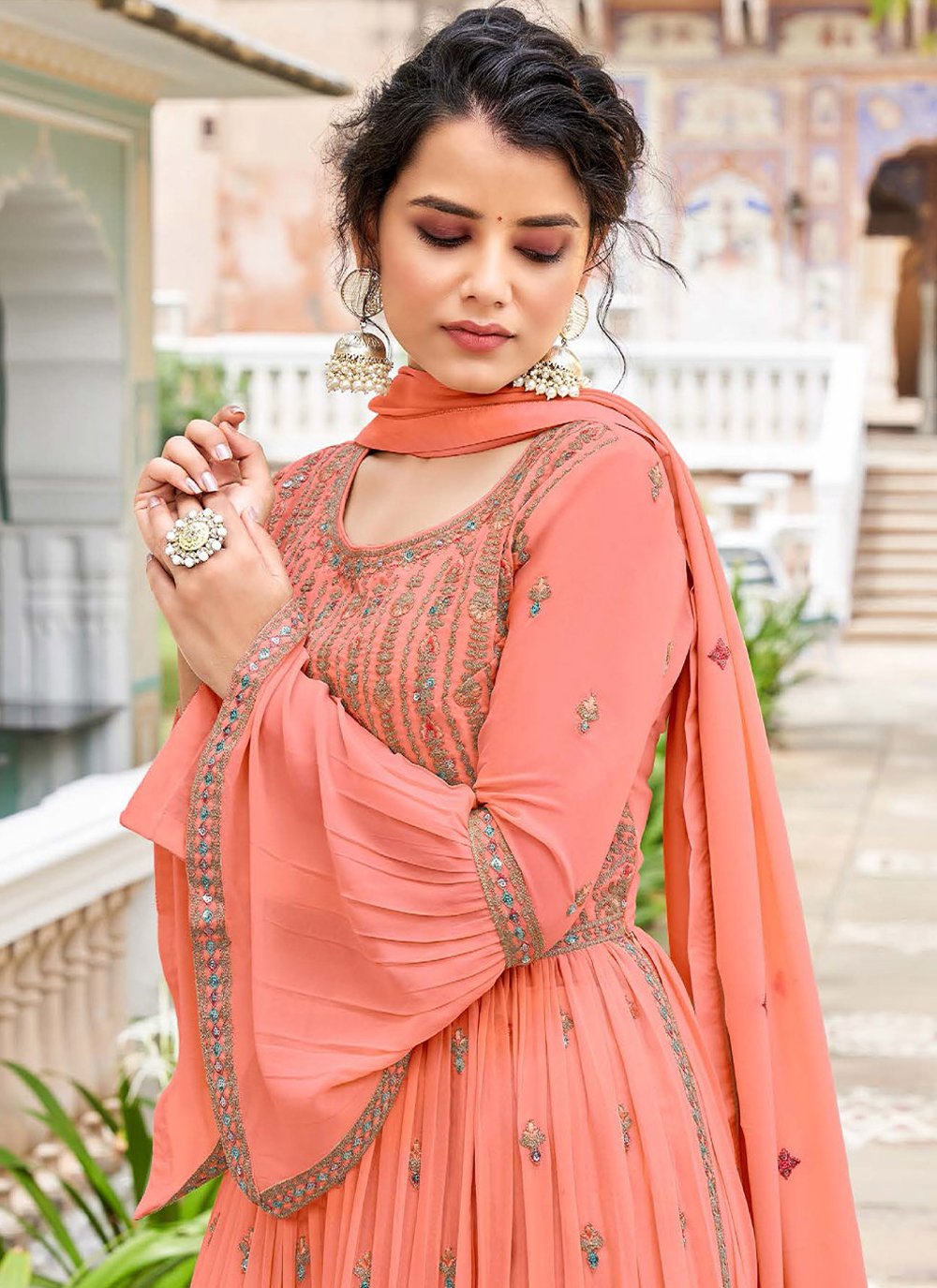 Salwar Suit Georgette Peach Embroidered Salwar Kameez