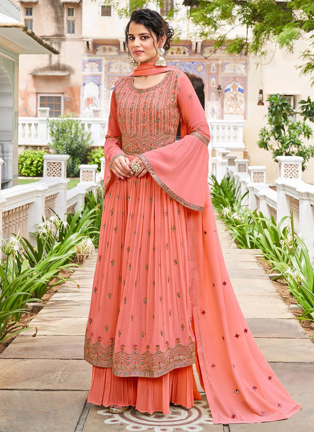 Salwar Suit Georgette Peach Embroidered Salwar Kameez