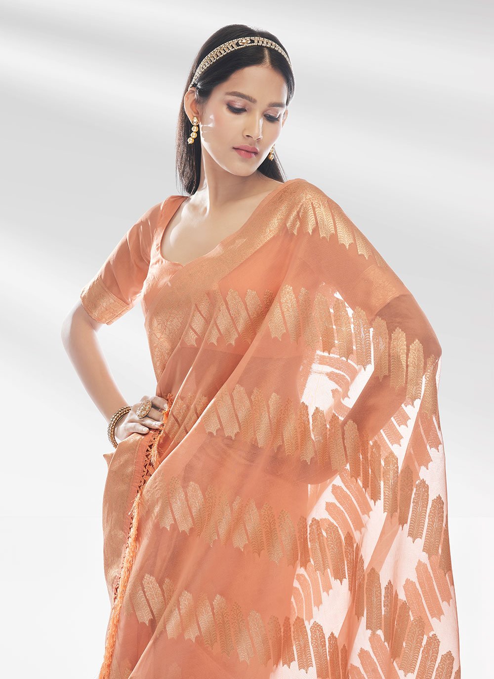 Trendy Saree Organza Peach Zari Saree