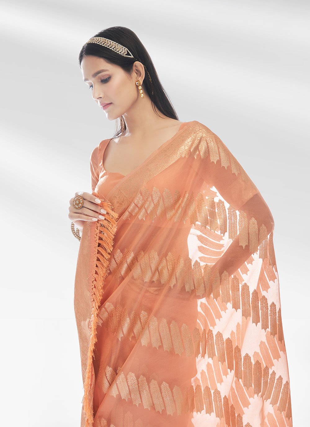 Trendy Saree Organza Peach Zari Saree