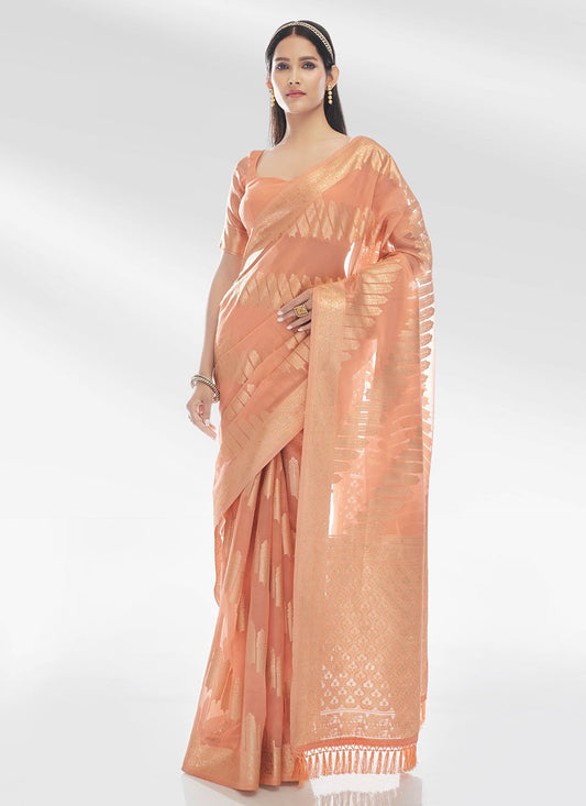 Trendy Saree Organza Peach Zari Saree