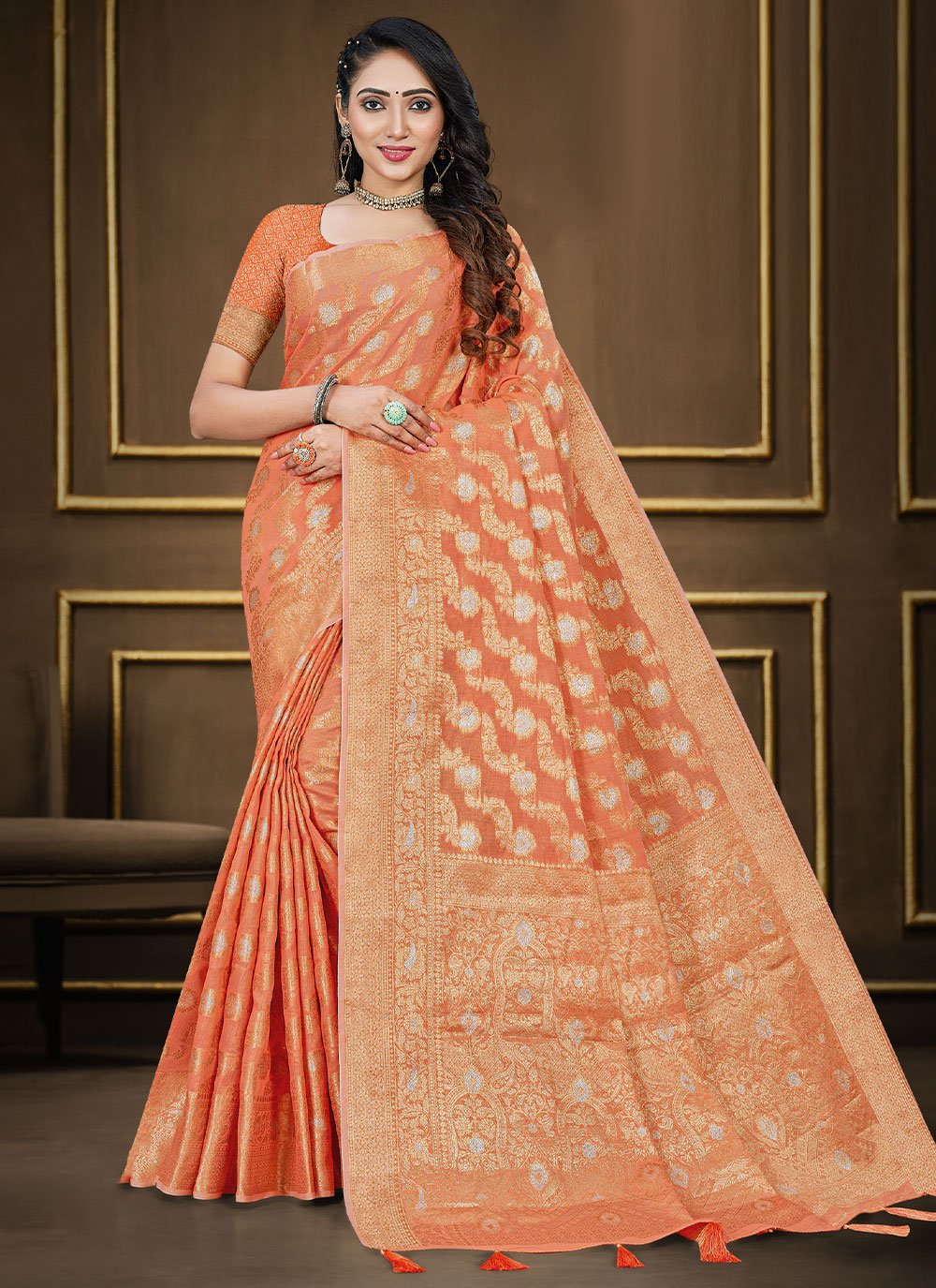 Trendy Saree Cotton Silk Peach Woven Saree