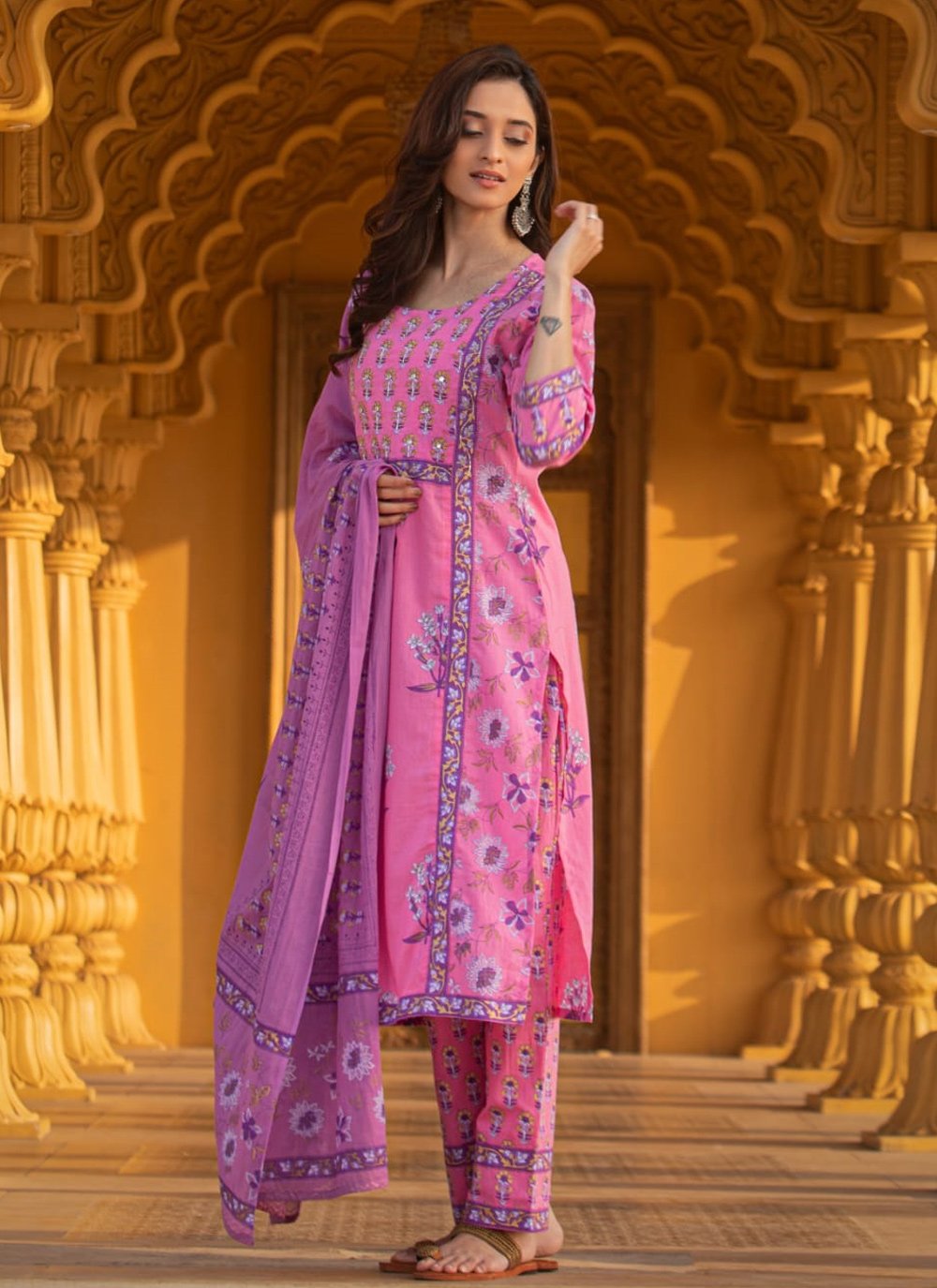 Designer Kurti Cotton Pink Purple Fancy Work Kurtis