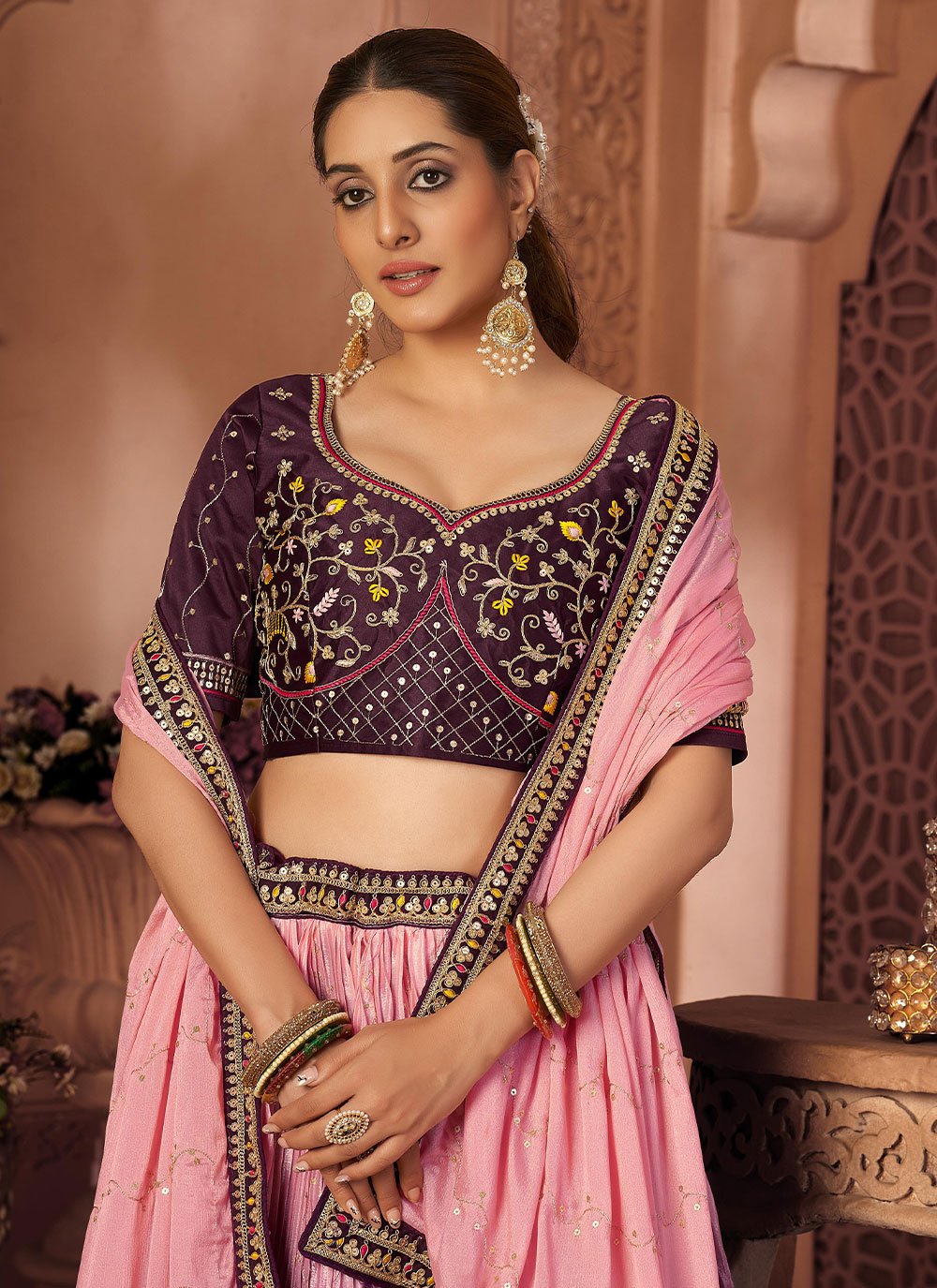 A Line Lehenga Chinon Crush Pink Purple Embroidered Lehenga Choli